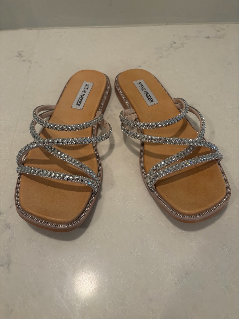 Steve Madden Silver Crystal Multi-Strap Slide Sandals Size 7 EUC